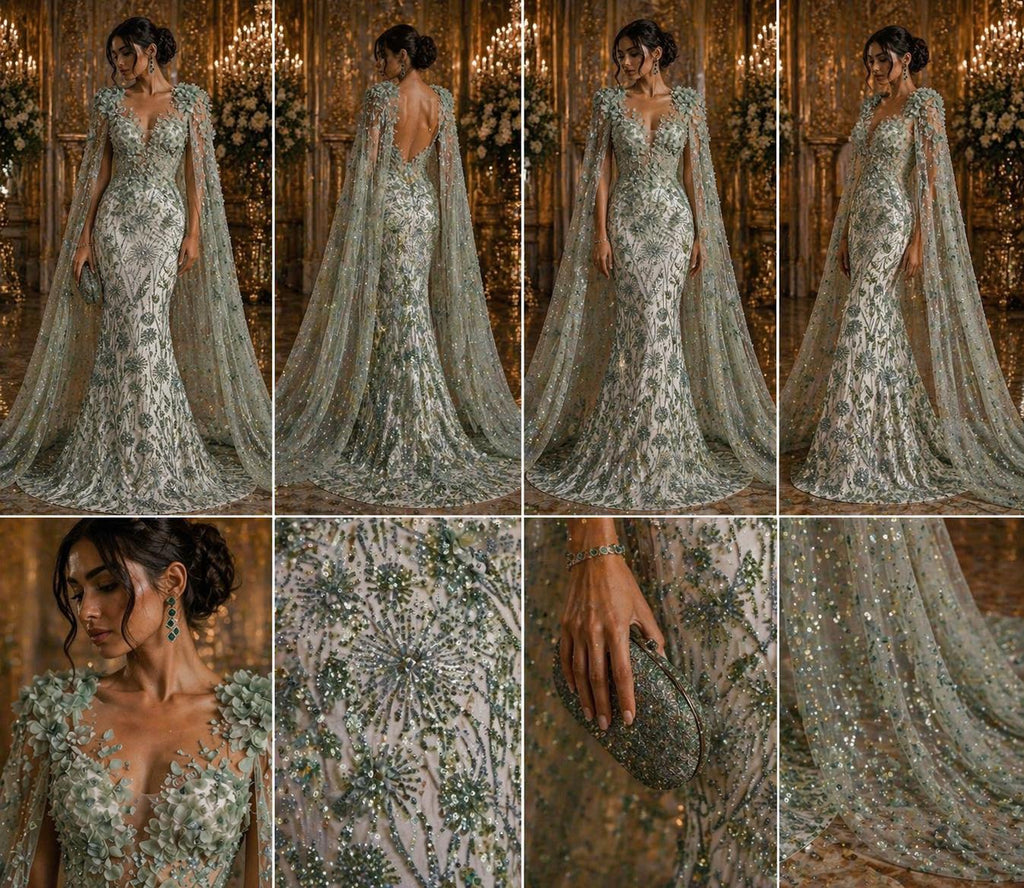 Luxury Butterfly Beaded Lace - Sage - 3D Beaded Design with Embroidered Sequins and Beads On Mesh Lace Fabric for Prom Dress By The Yard