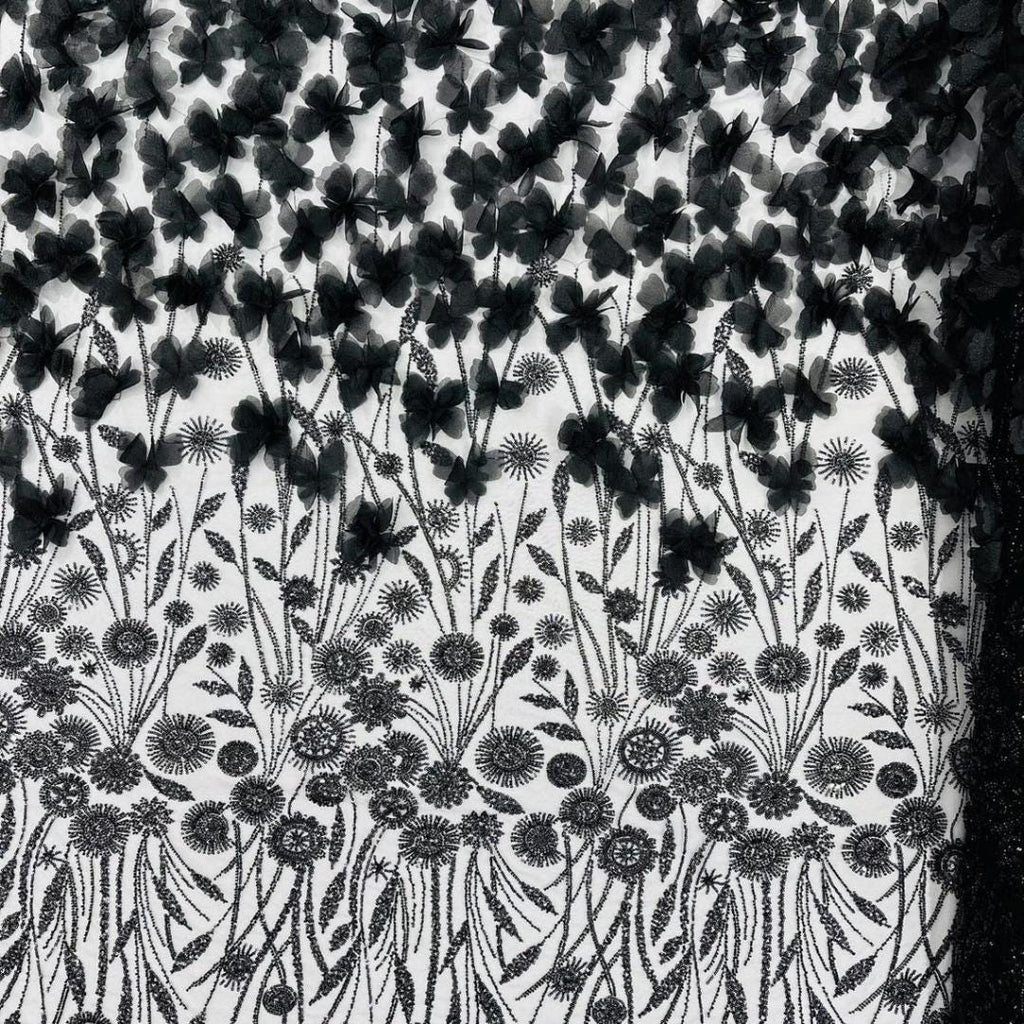 Luxury Butterfly Beaded Lace - Black - 3D Beaded Design with Embroidered Sequins and Beads On Mesh Lace Fabric for Prom Dress By The Yard