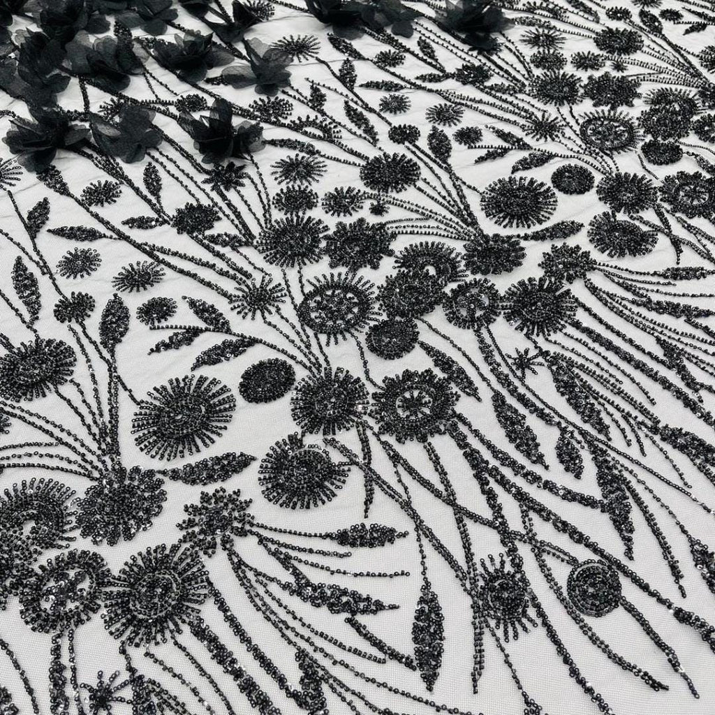 Luxury Butterfly Beaded Lace - Black - 3D Beaded Design with Embroidered Sequins and Beads On Mesh Lace Fabric for Prom Dress By The Yard