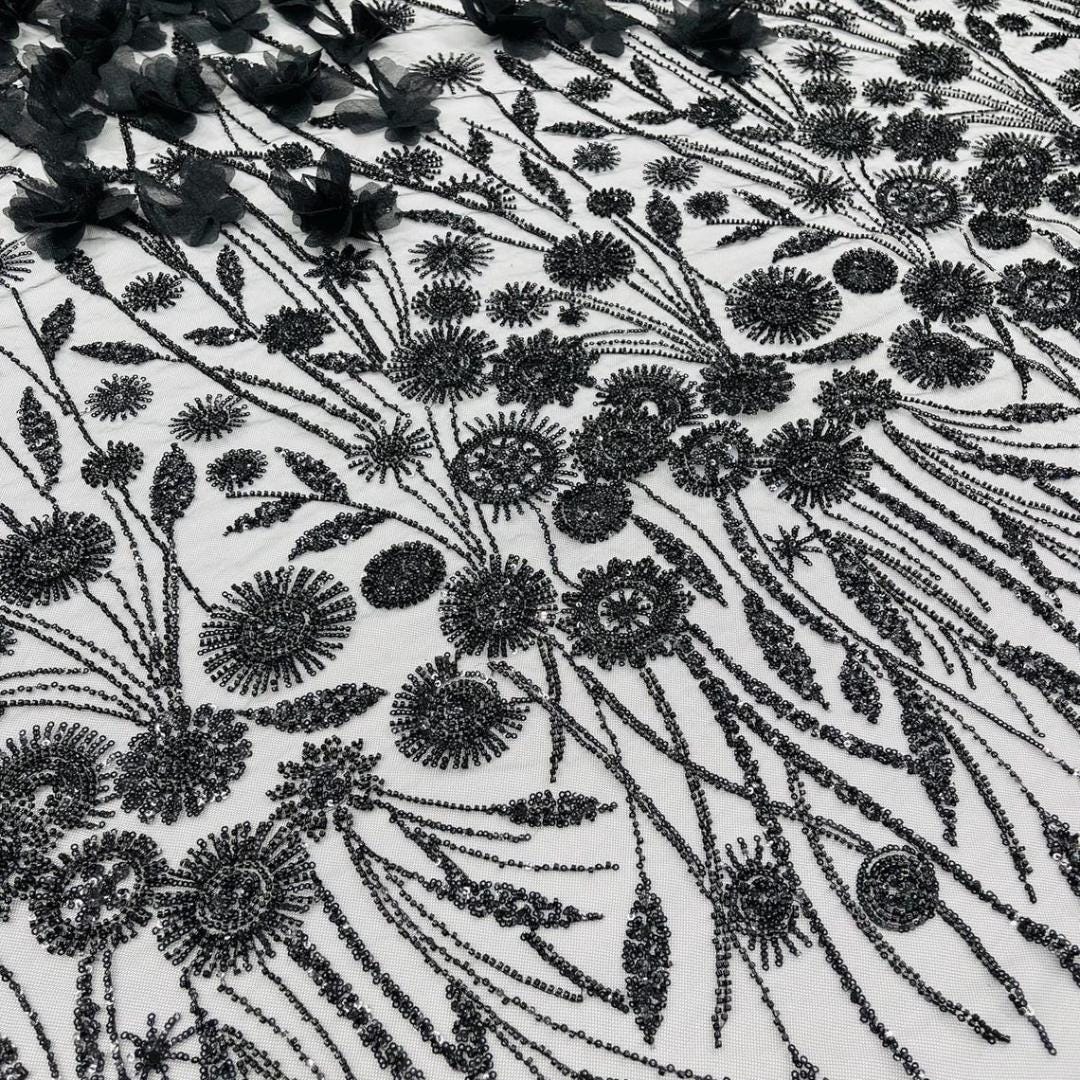 Luxury Butterfly Beaded Lace - Black - 3D Beaded Design with Embroidered Sequins and Beads On Mesh Lace Fabric for Prom Dress By The Yard