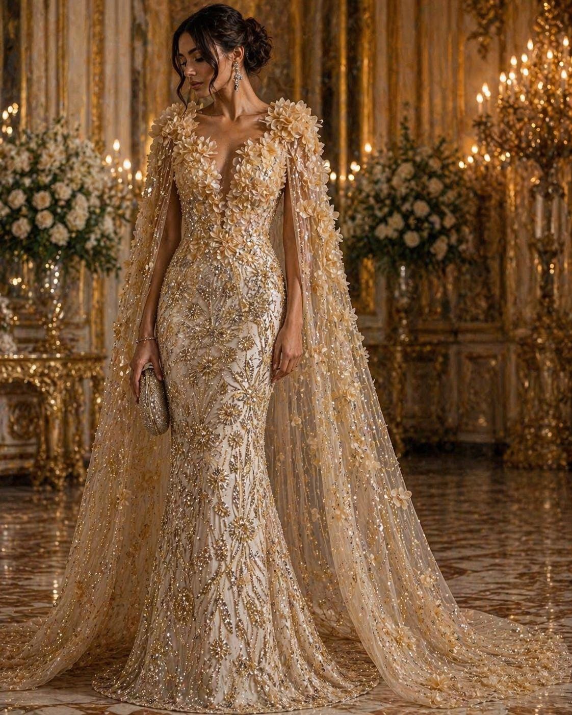 Luxury Butterfly Beaded Lace - Champagne -3D Beaded Design with Embroidered Sequins and Beads On Mesh Lace Fabric for Prom Dress By The Yard