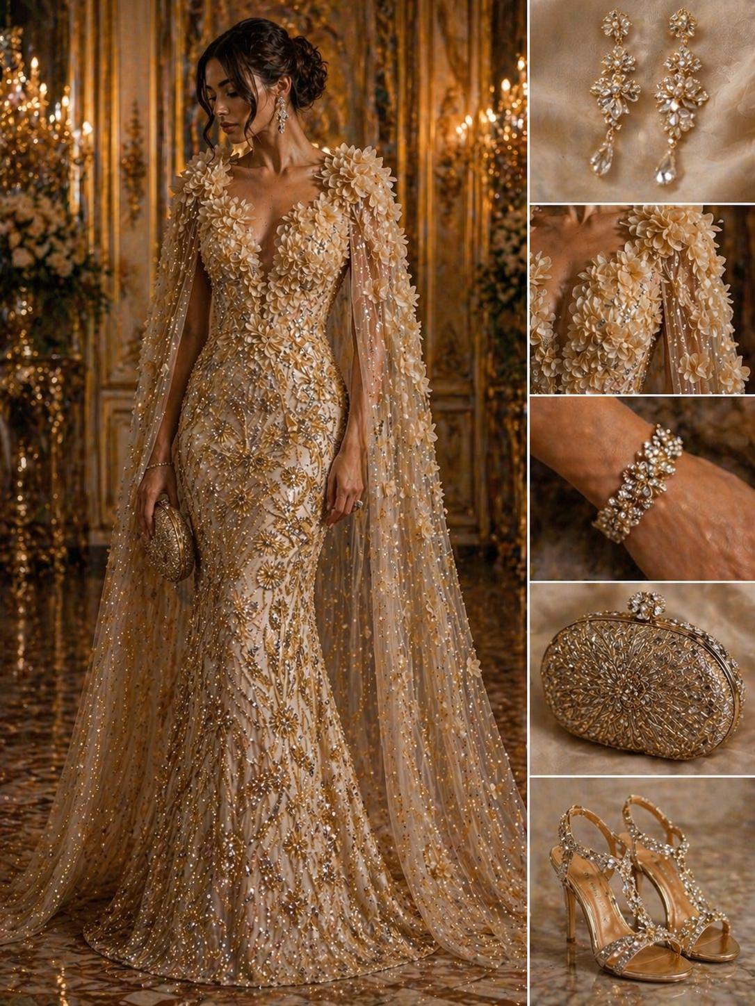 Luxury Butterfly Beaded Lace - Champagne -3D Beaded Design with Embroidered Sequins and Beads On Mesh Lace Fabric for Prom Dress By The Yard