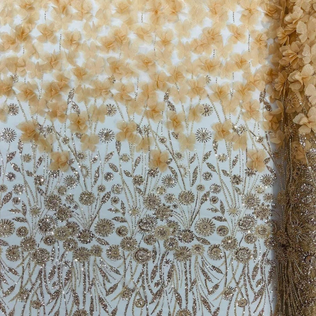 Luxury Butterfly Beaded Lace - Champagne -3D Beaded Design with Embroidered Sequins and Beads On Mesh Lace Fabric for Prom Dress By The Yard