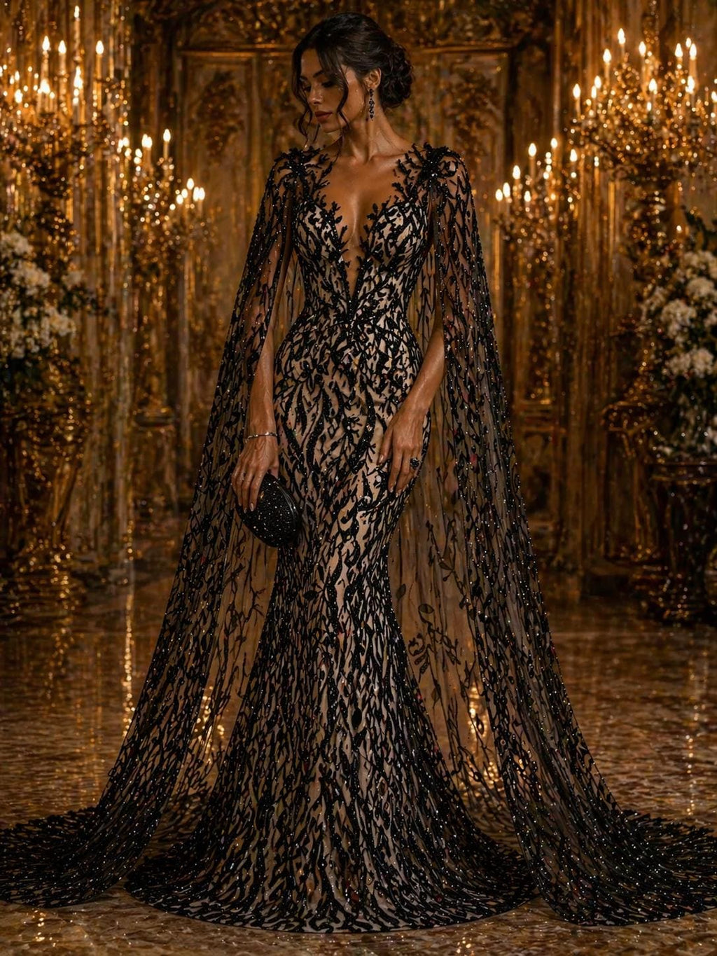 Luxurious Design Lace - Black - 3D Beaded Design with Embroidered Sequins and Beads On a Mesh Lace Fabric for Prom Dress By The Yard