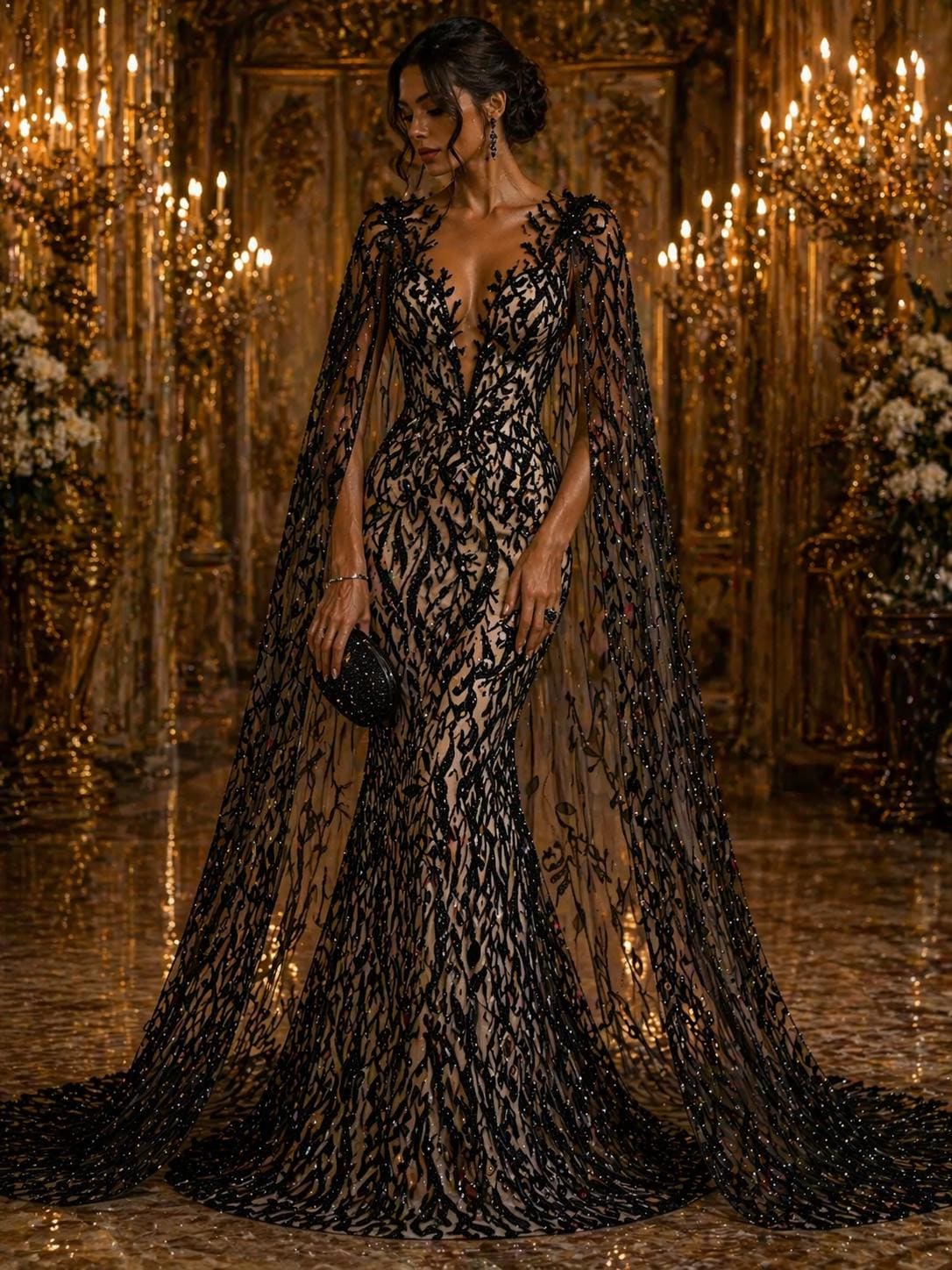 Luxurious Design Lace - Black - 3D Beaded Design with Embroidered Sequins and Beads On a Mesh Lace Fabric for Prom Dress By The Yard