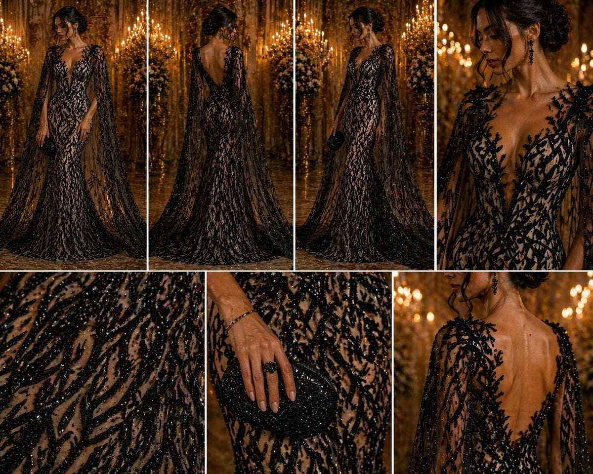 Luxurious Design Lace - Black - 3D Beaded Design with Embroidered Sequins and Beads On a Mesh Lace Fabric for Prom Dress By The Yard