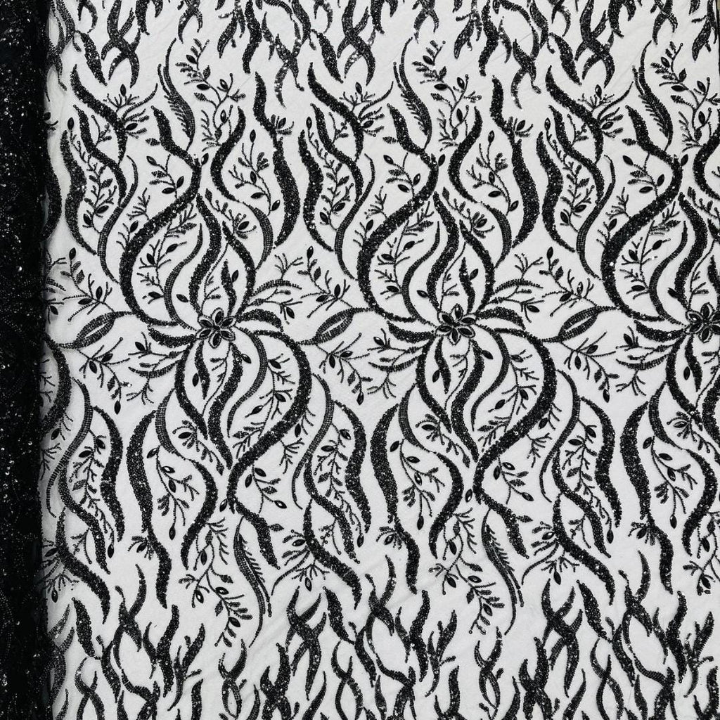 Luxurious Design Lace - Black - 3D Beaded Design with Embroidered Sequins and Beads On a Mesh Lace Fabric for Prom Dress By The Yard