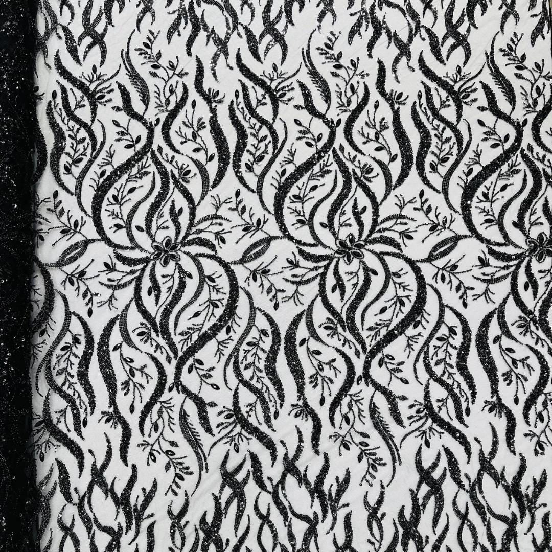 Luxurious Design Lace - Black - 3D Beaded Design with Embroidered Sequins and Beads On a Mesh Lace Fabric for Prom Dress By The Yard