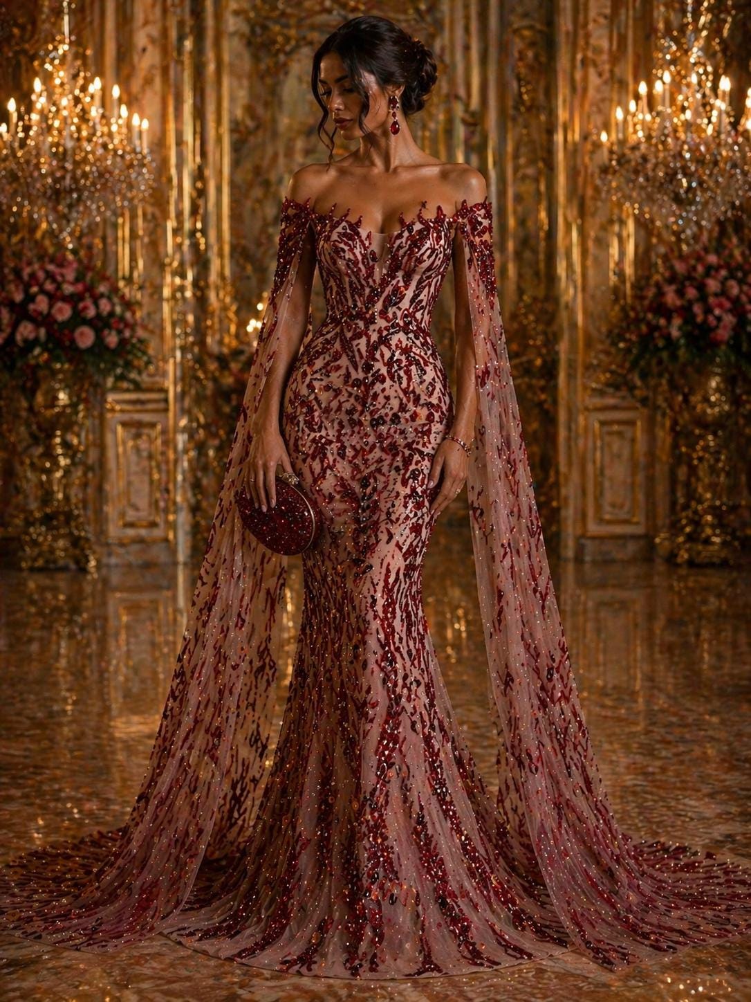 Luxurious Design Lace - Red - 3D Beaded Design with Embroidered Sequins and Beads On a Mesh Lace Fabric for Prom Dress By The Yard