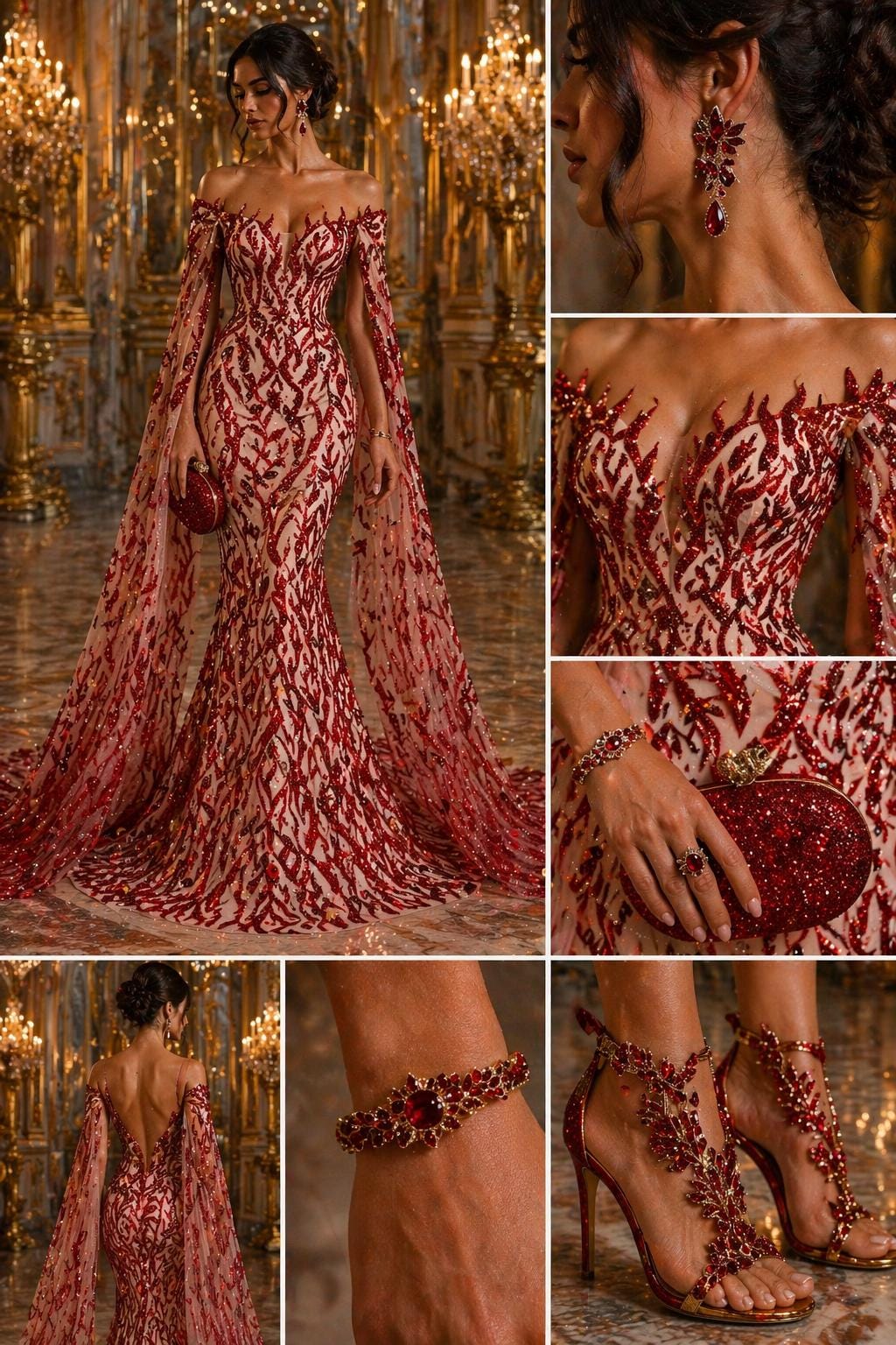 Luxurious Design Lace - Red - 3D Beaded Design with Embroidered Sequins and Beads On a Mesh Lace Fabric for Prom Dress By The Yard