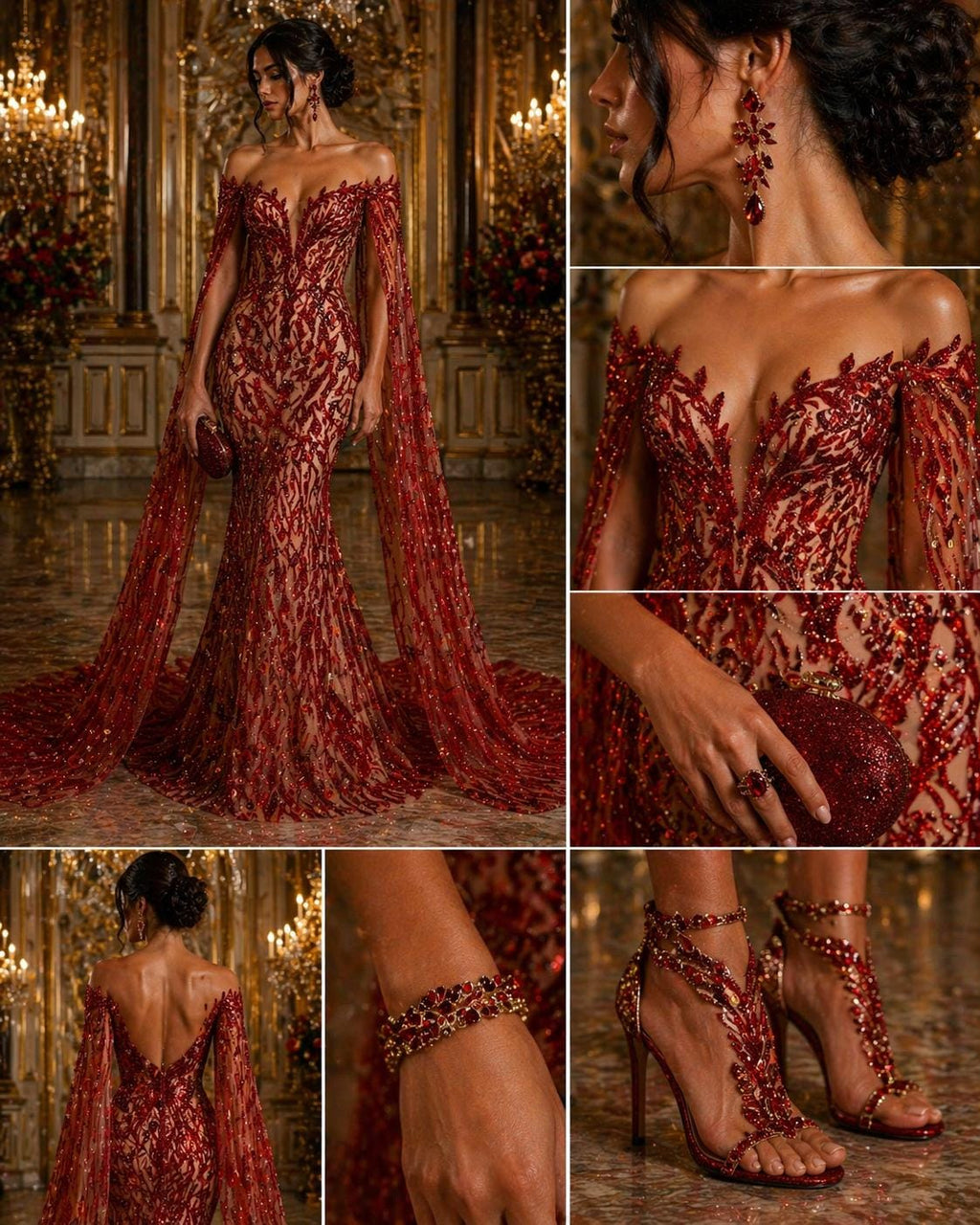 Luxurious Design Lace - Red - 3D Beaded Design with Embroidered Sequins and Beads On a Mesh Lace Fabric for Prom Dress By The Yard