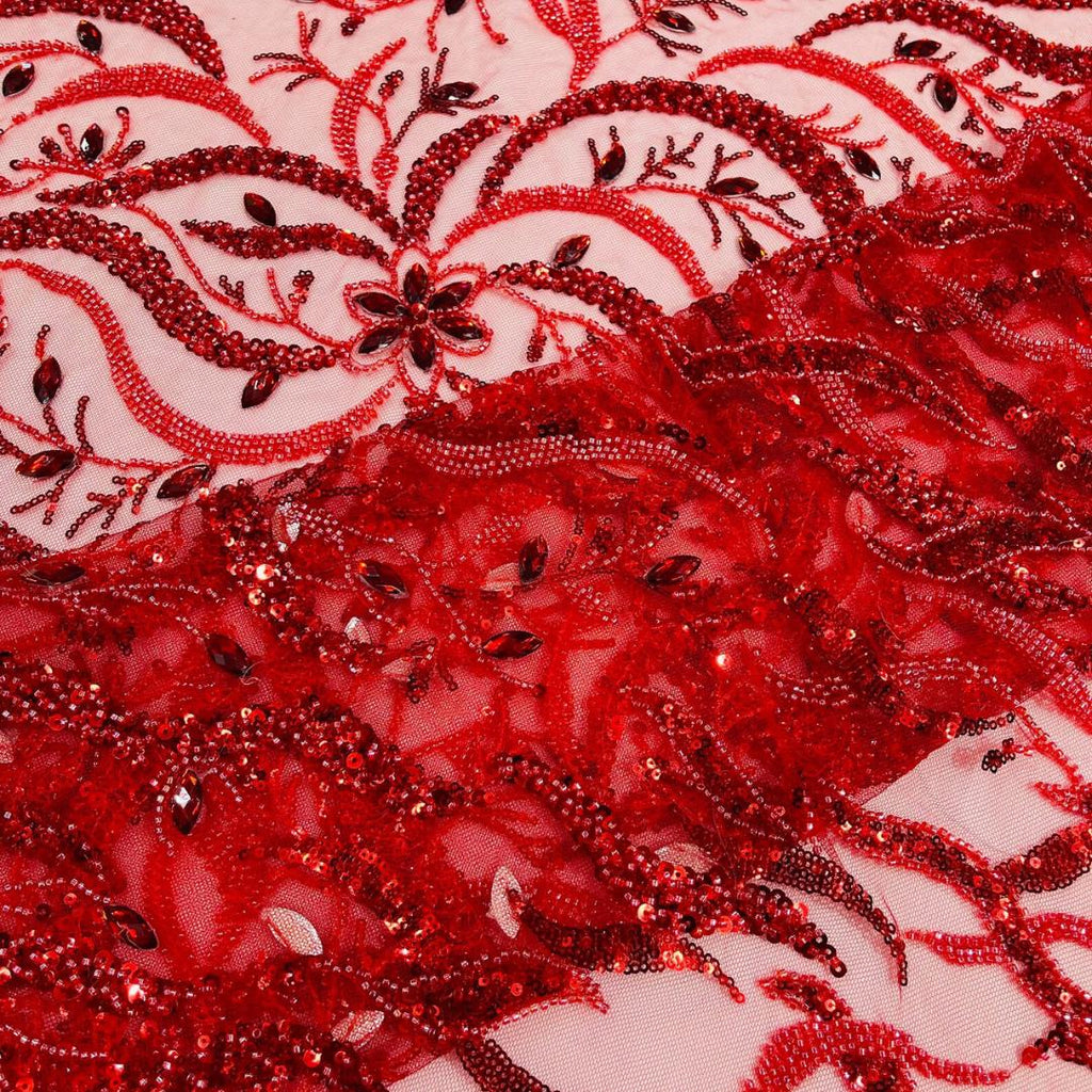 Luxurious Design Lace - Red - 3D Beaded Design with Embroidered Sequins and Beads On a Mesh Lace Fabric for Prom Dress By The Yard
