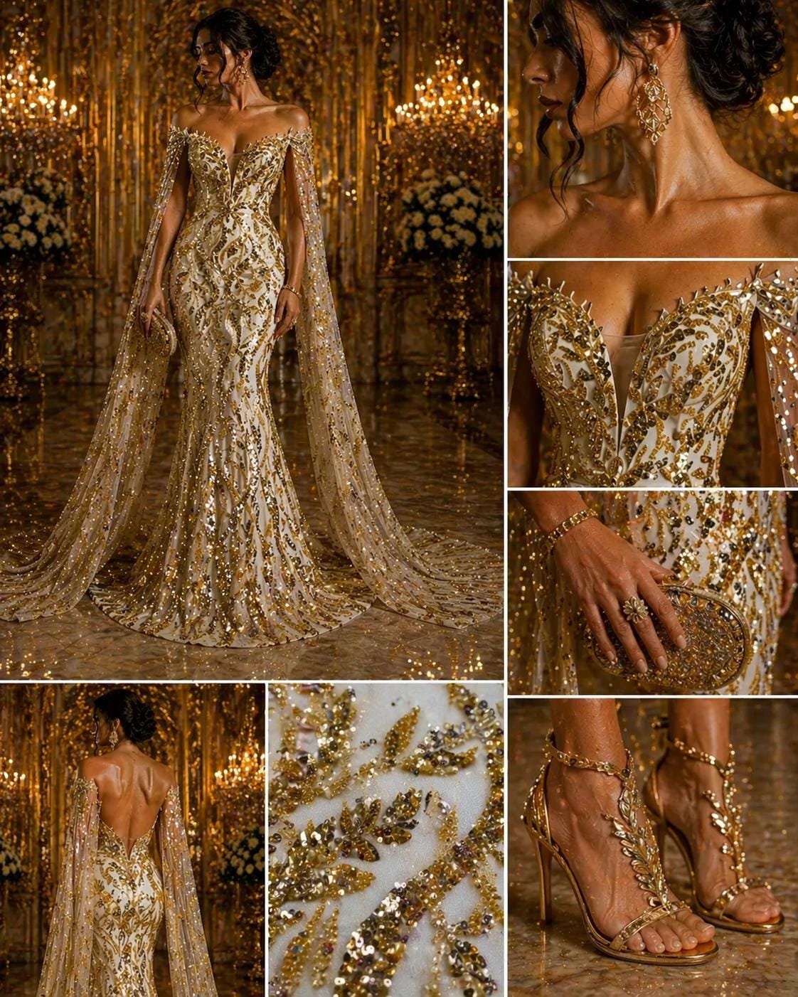 Luxurious Design Lace - Gold - 3D Beaded Design with Embroidered Sequins and Beads On a Mesh Lace Fabric for Prom Dress By The Yard