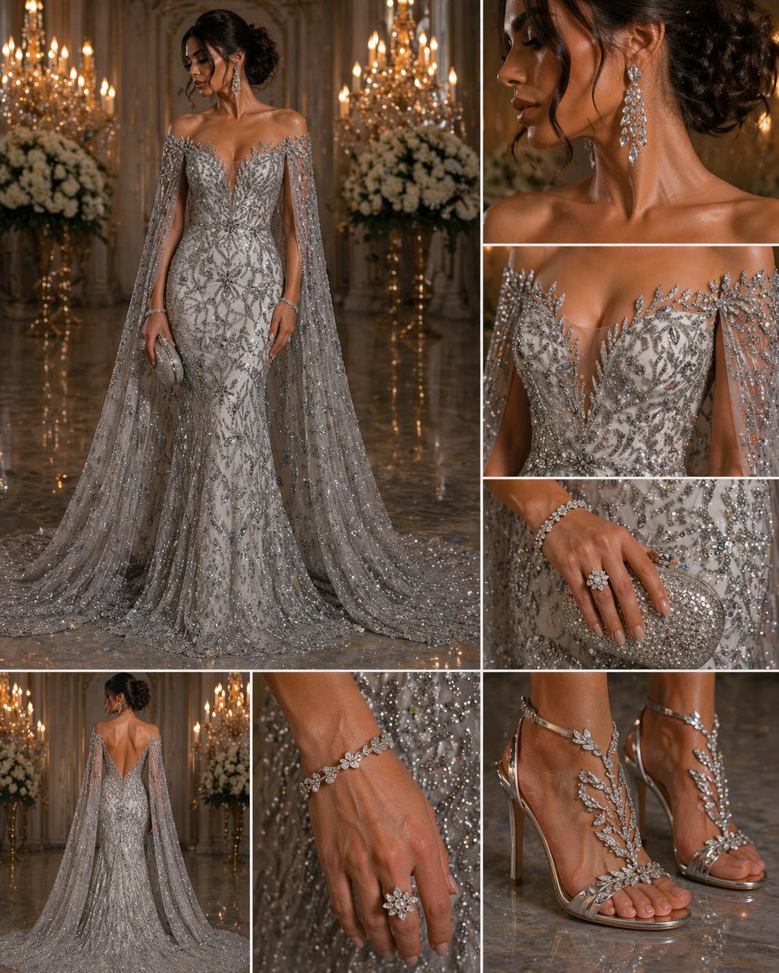 Luxurious Design Lace - Silver - 3D Beaded Design with Embroidered Sequins and Beads On a Mesh Lace Fabric for Prom Dress By The Yard