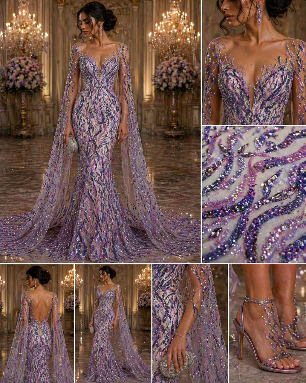 Luxurious Design Lace - Lilac - 3D Beaded Design with Embroidered Sequins and Beads On a Mesh Lace Fabric for Prom Dress By The Yard
