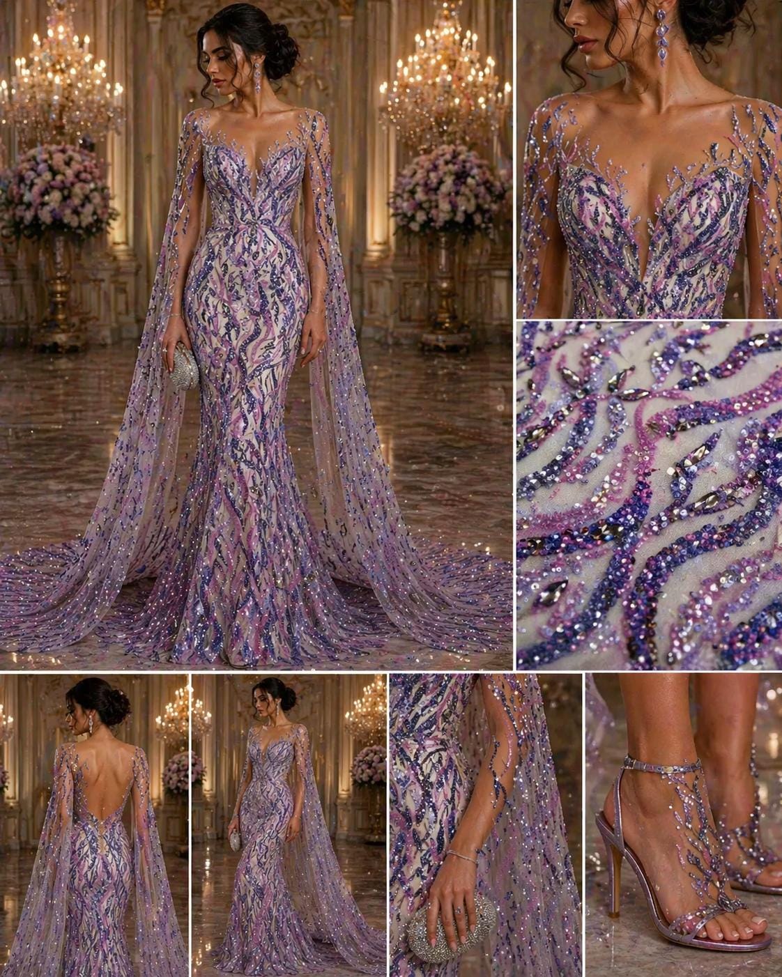Luxurious Design Lace - Lilac - 3D Beaded Design with Embroidered Sequins and Beads On a Mesh Lace Fabric for Prom Dress By The Yard