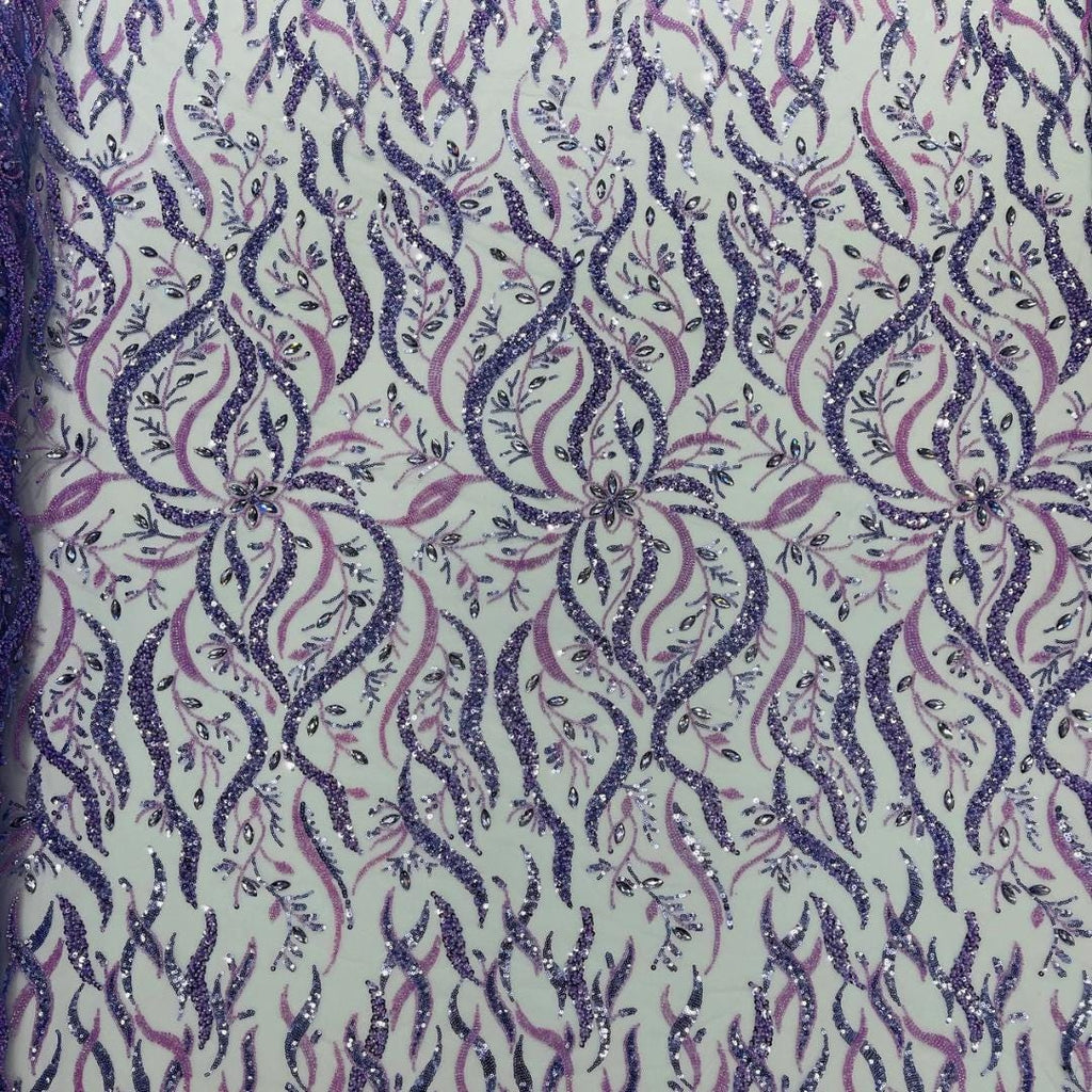 Luxurious Design Lace - Lilac - 3D Beaded Design with Embroidered Sequins and Beads On a Mesh Lace Fabric for Prom Dress By The Yard