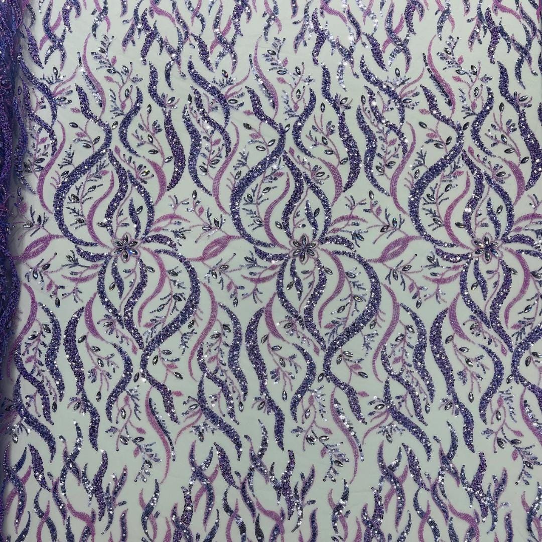 Luxurious Design Lace - Lilac - 3D Beaded Design with Embroidered Sequins and Beads On a Mesh Lace Fabric for Prom Dress By The Yard