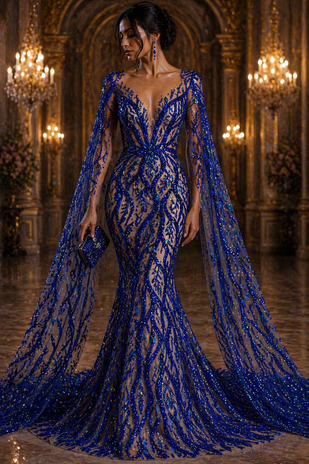 Luxurious Design Lace - Royal - 3D Beaded Design with Embroidered Sequins and Beads On a Mesh Lace Fabric for Prom Dress By The Yard