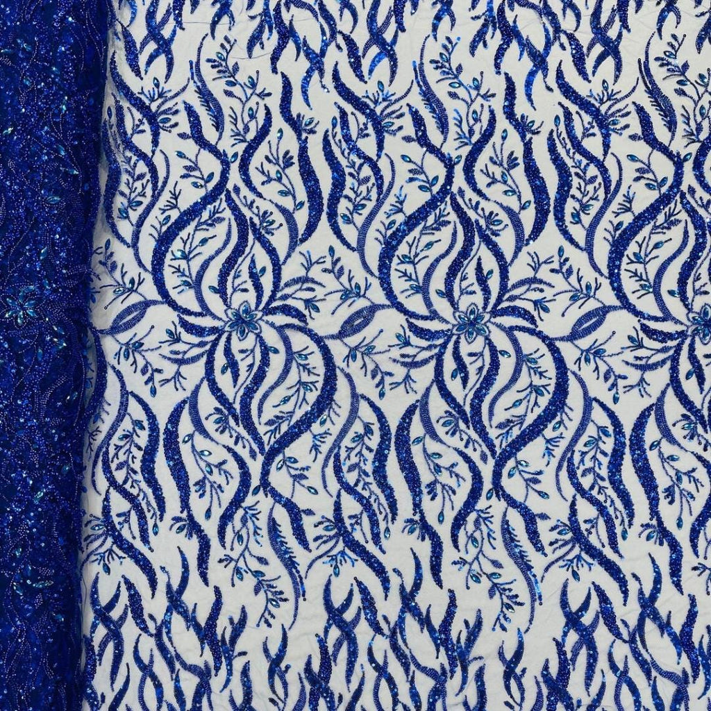 Luxurious Design Lace - Royal - 3D Beaded Design with Embroidered Sequins and Beads On a Mesh Lace Fabric for Prom Dress By The Yard