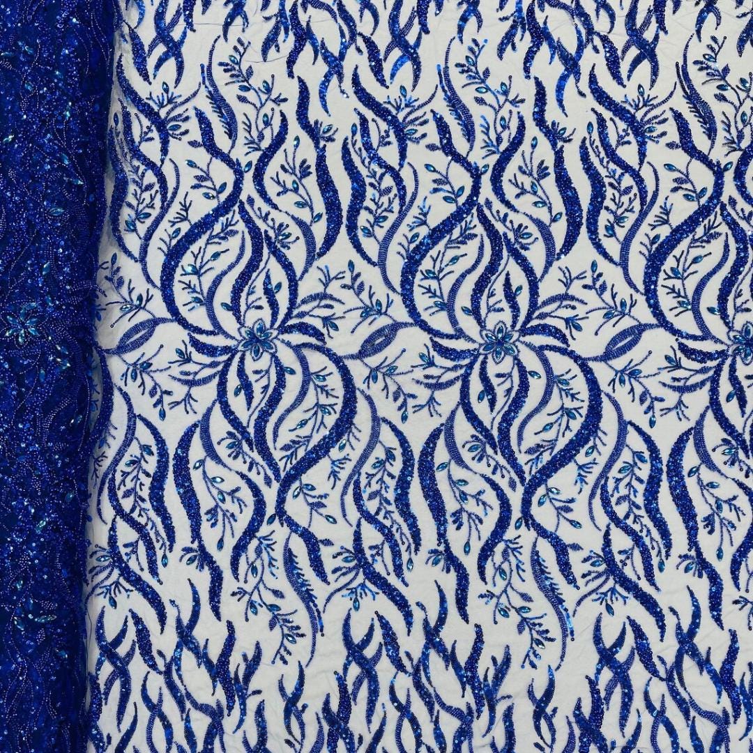 Luxurious Design Lace - Royal - 3D Beaded Design with Embroidered Sequins and Beads On a Mesh Lace Fabric for Prom Dress By The Yard