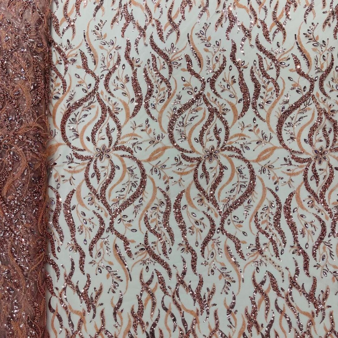 Luxurious Design Lace - Blush - 3D Beaded Design with Embroidered Sequins and Beads On a Mesh Lace Fabric for Prom Dress By The Yard