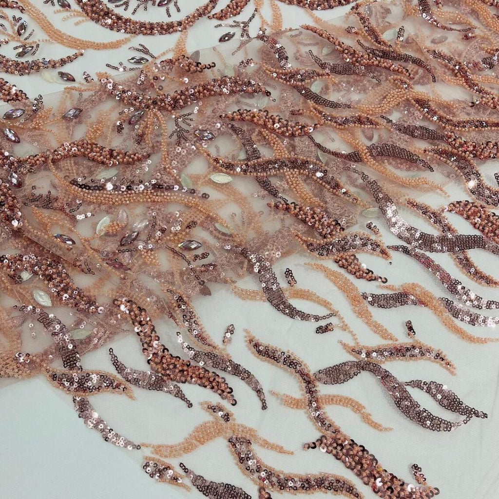 Luxurious Design Lace - Blush - 3D Beaded Design with Embroidered Sequins and Beads On a Mesh Lace Fabric for Prom Dress By The Yard