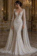 Luxurious Design Lace - Ivory - 3D Beaded Design with Embroidered Sequins and Beads On a Mesh Lace Fabric for Prom Dress By The Yard