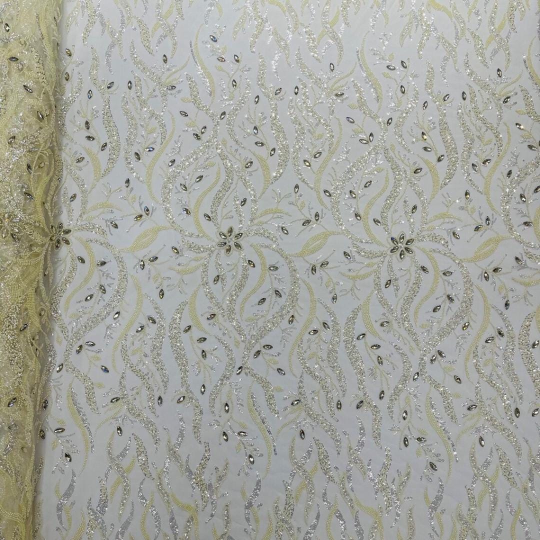 Luxurious Design Lace - Ivory - 3D Beaded Design with Embroidered Sequins and Beads On a Mesh Lace Fabric for Prom Dress By The Yard