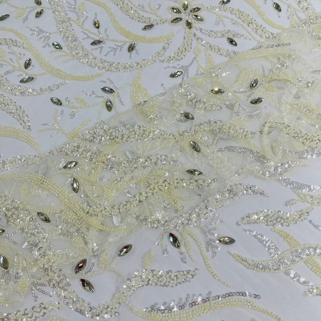 Luxurious Design Lace - Ivory - 3D Beaded Design with Embroidered Sequins and Beads On a Mesh Lace Fabric for Prom Dress By The Yard