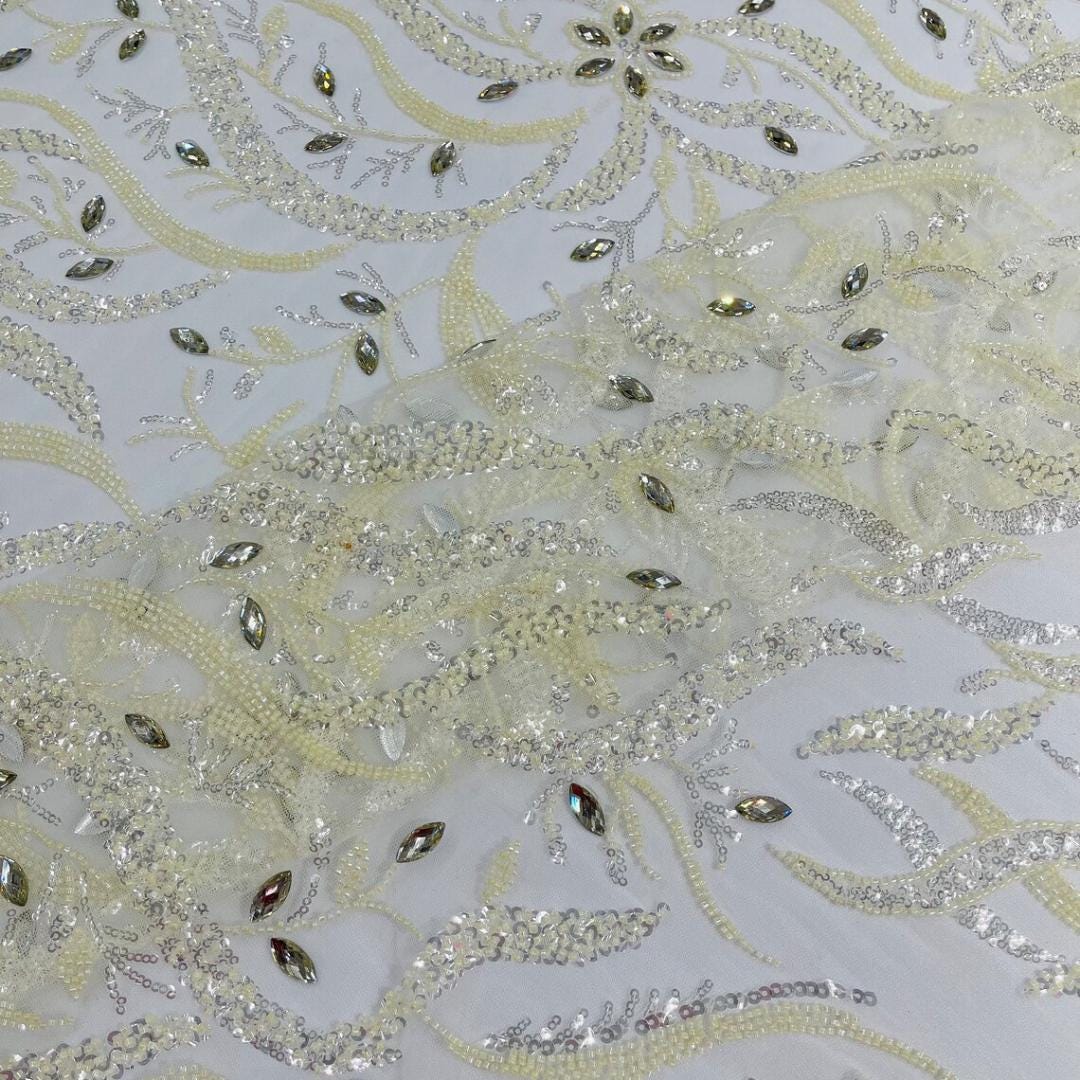 Luxurious Design Lace - Ivory - 3D Beaded Design with Embroidered Sequins and Beads On a Mesh Lace Fabric for Prom Dress By The Yard