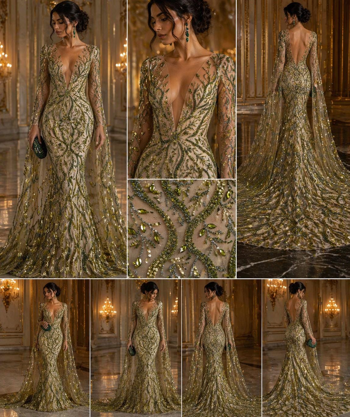 Luxurious Design Lace - Olive - 3D Beaded Design with Embroidered Sequins and Beads On a Mesh Lace Fabric for Prom Dress By The Yard