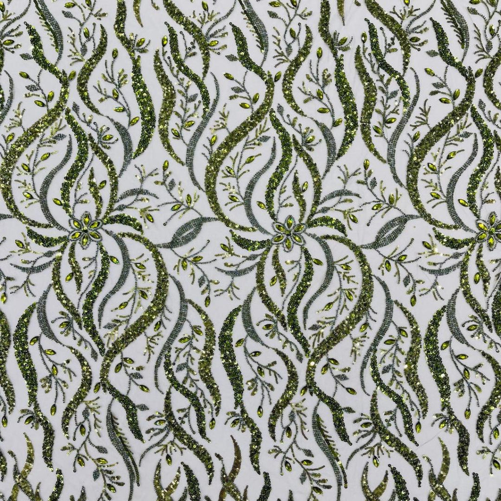 Luxurious Design Lace - Olive - 3D Beaded Design with Embroidered Sequins and Beads On a Mesh Lace Fabric for Prom Dress By The Yard
