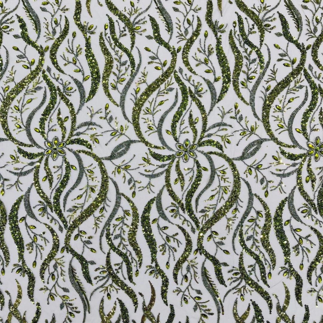 Luxurious Design Lace - Olive - 3D Beaded Design with Embroidered Sequins and Beads On a Mesh Lace Fabric for Prom Dress By The Yard