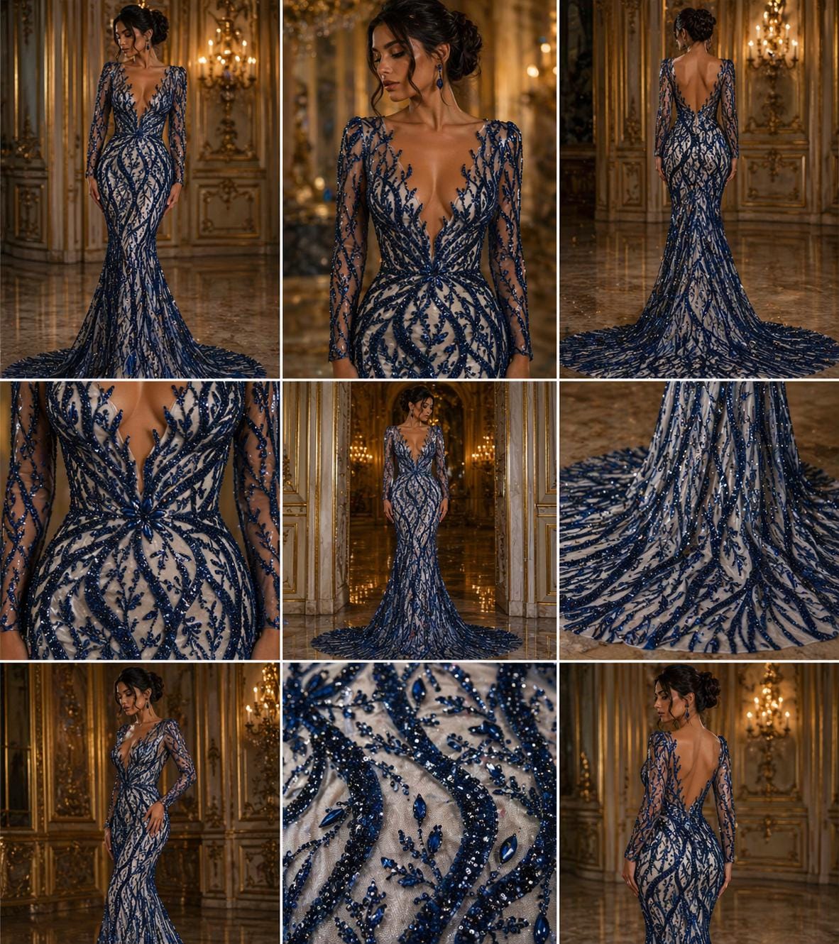 Luxurious Design Lace - Navy - 3D Beaded Design with Embroidered Sequins and Beads On a Mesh Lace Fabric for Prom Dress By The Yard