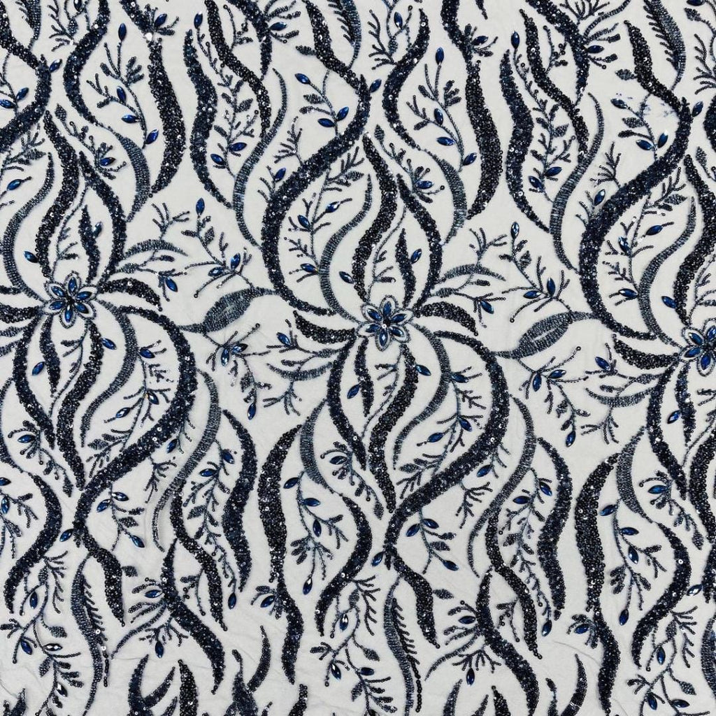 Luxurious Design Lace - Navy - 3D Beaded Design with Embroidered Sequins and Beads On a Mesh Lace Fabric for Prom Dress By The Yard