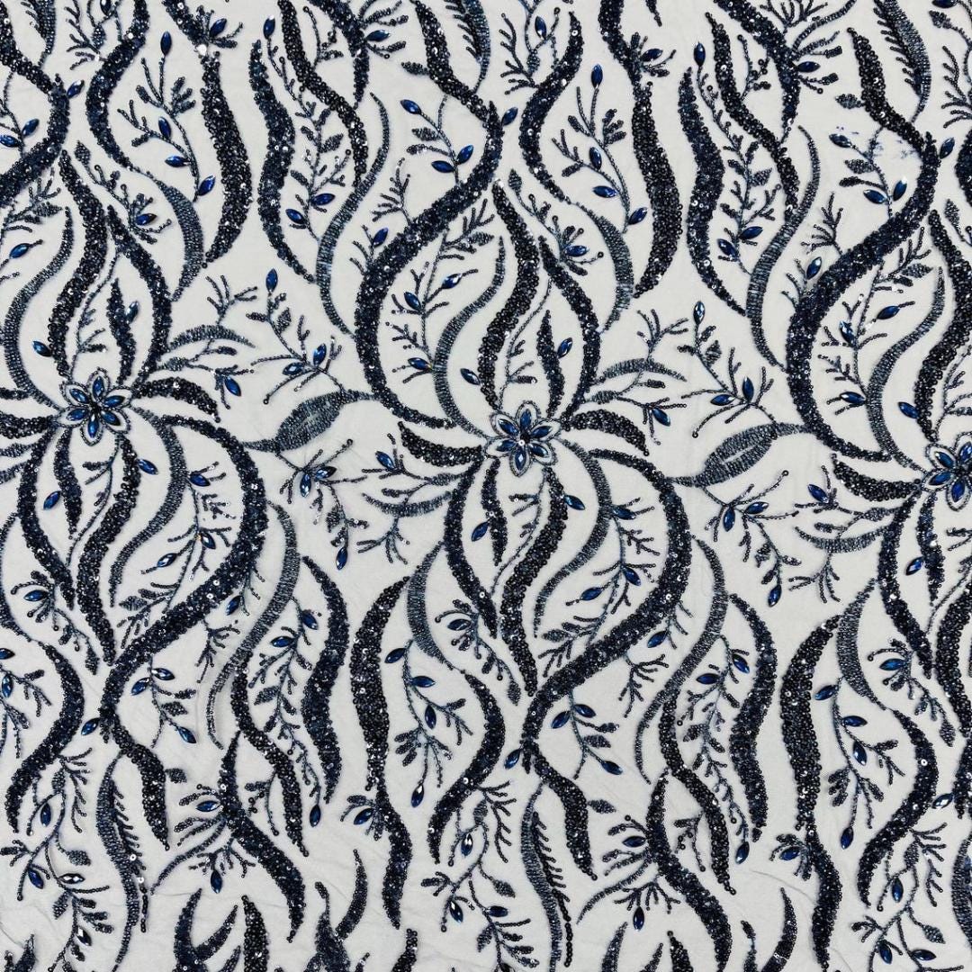 Luxurious Design Lace - Navy - 3D Beaded Design with Embroidered Sequins and Beads On a Mesh Lace Fabric for Prom Dress By The Yard