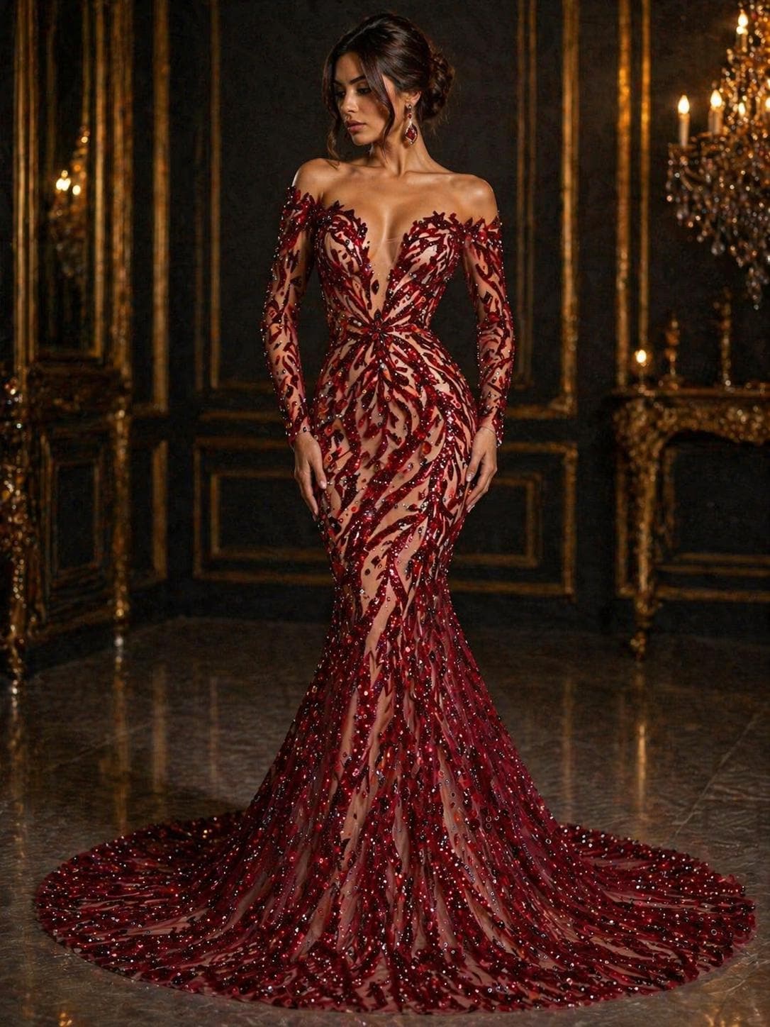 Luxurious Design Lace - Burgundy - 3D Beaded Design with Embroidered Sequins and Beads On a Mesh Lace Fabric By The Yard