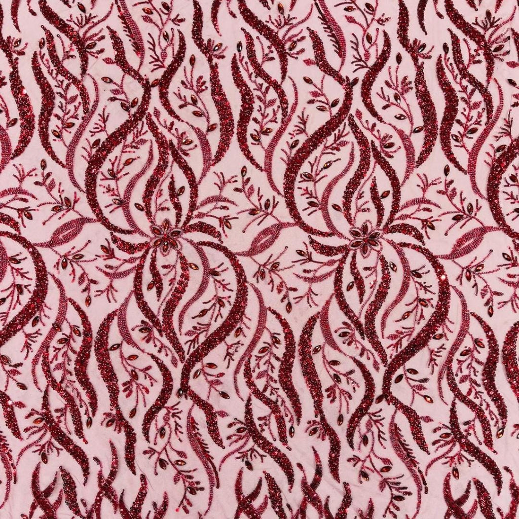 Luxurious Design Lace - Burgundy - 3D Beaded Design with Embroidered Sequins and Beads On a Mesh Lace Fabric By The Yard