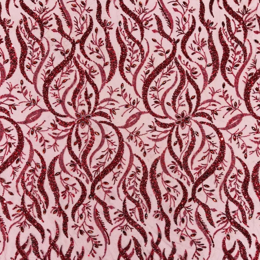 Luxurious Design Lace - Burgundy - 3D Beaded Design with Embroidered Sequins and Beads On a Mesh Lace Fabric By The Yard