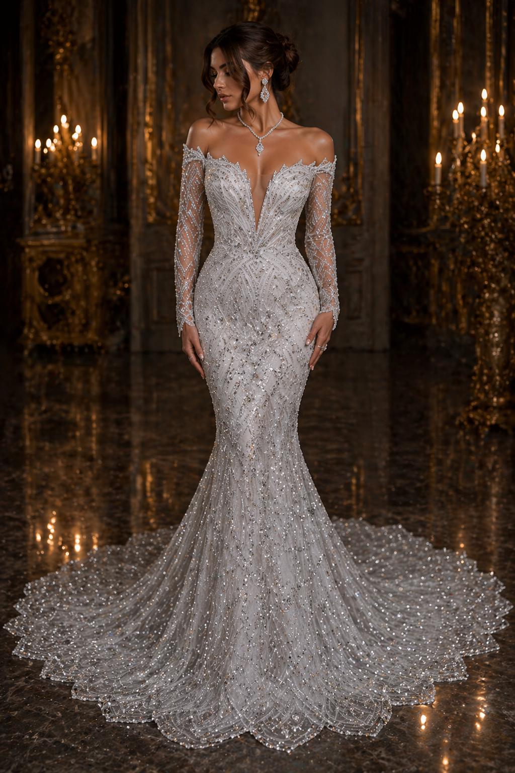 Luxurious Arch Design Lace - White - Beaded Design with Embroidered Sequins and Beads On a Mesh Lace Fabric for Prom Dress By The Yard