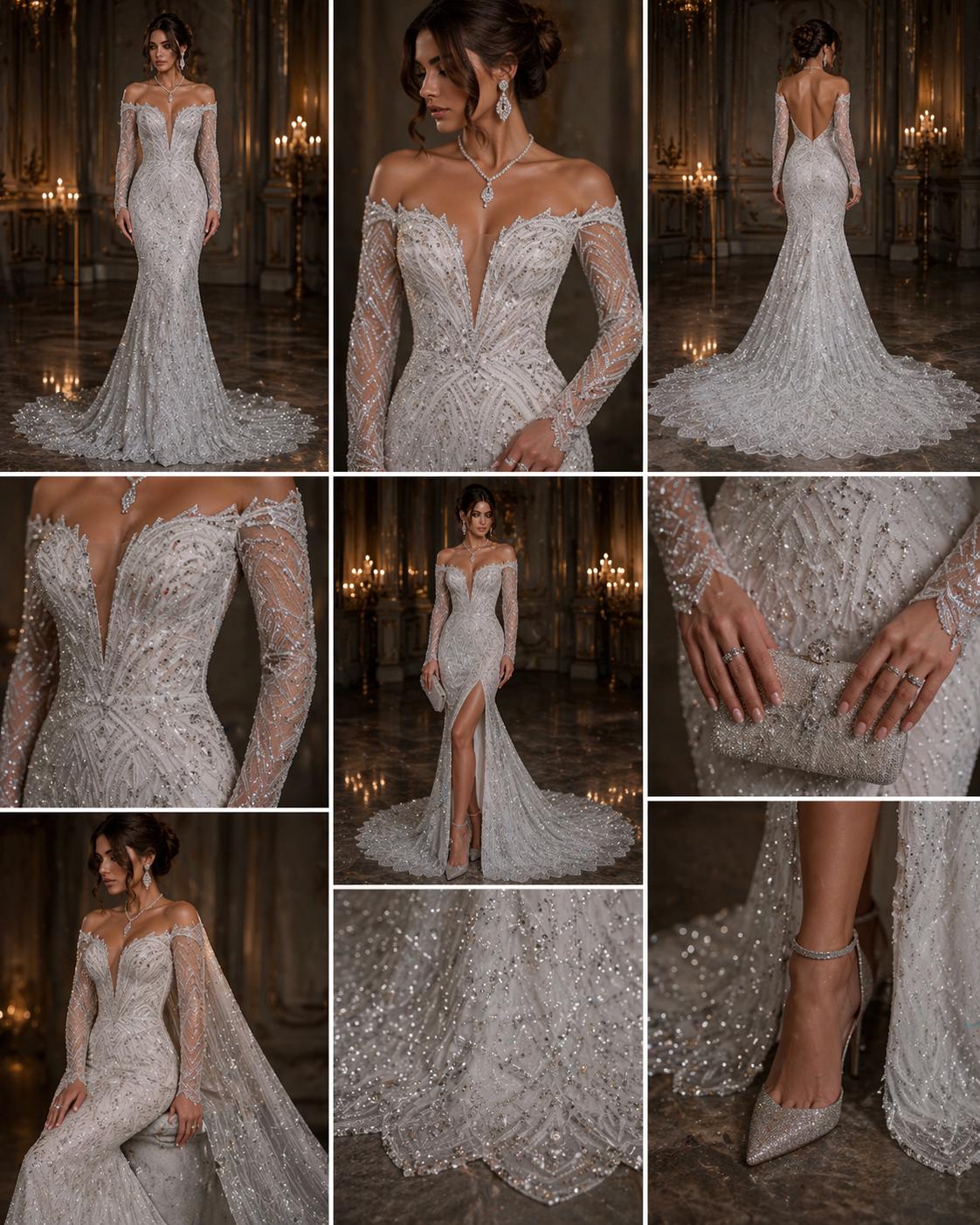 Luxurious Arch Design Lace - White - Beaded Design with Embroidered Sequins and Beads On a Mesh Lace Fabric for Prom Dress By The Yard