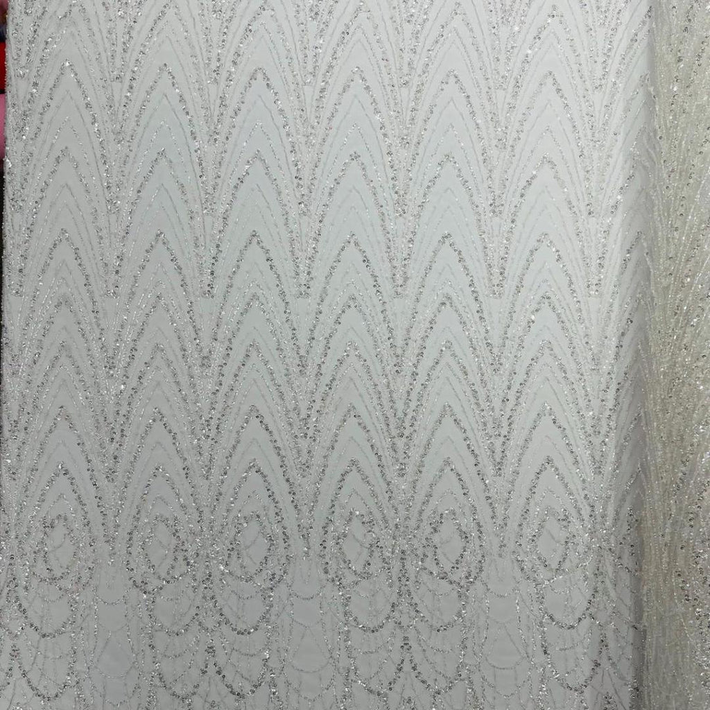 Luxurious Arch Design Lace - White - Beaded Design with Embroidered Sequins and Beads On a Mesh Lace Fabric for Prom Dress By The Yard