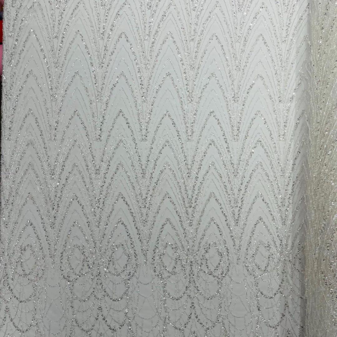 Luxurious Arch Design Lace - White - Beaded Design with Embroidered Sequins and Beads On a Mesh Lace Fabric for Prom Dress By The Yard