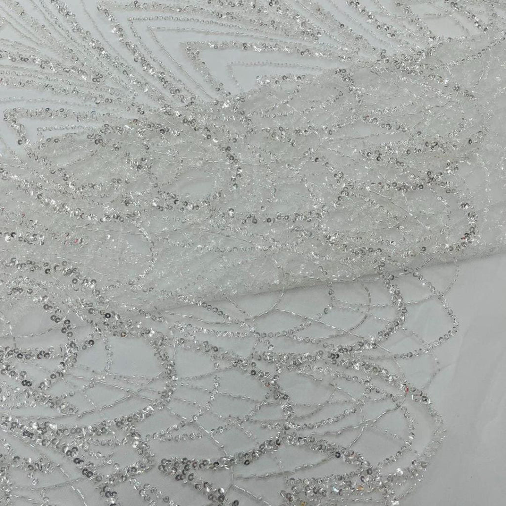 Luxurious Arch Design Lace - White - Beaded Design with Embroidered Sequins and Beads On a Mesh Lace Fabric for Prom Dress By The Yard