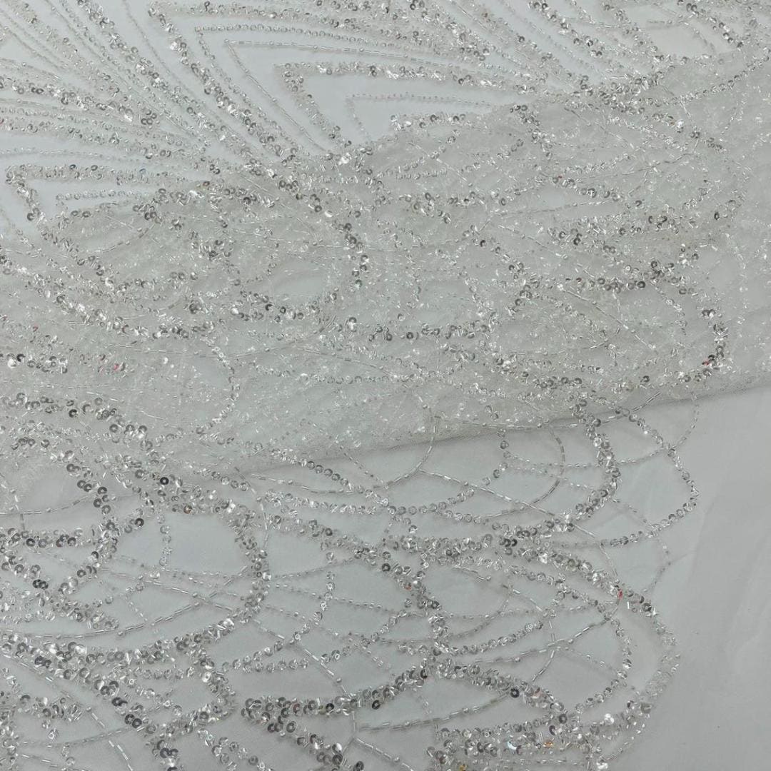 Luxurious Arch Design Lace - White - Beaded Design with Embroidered Sequins and Beads On a Mesh Lace Fabric for Prom Dress By The Yard