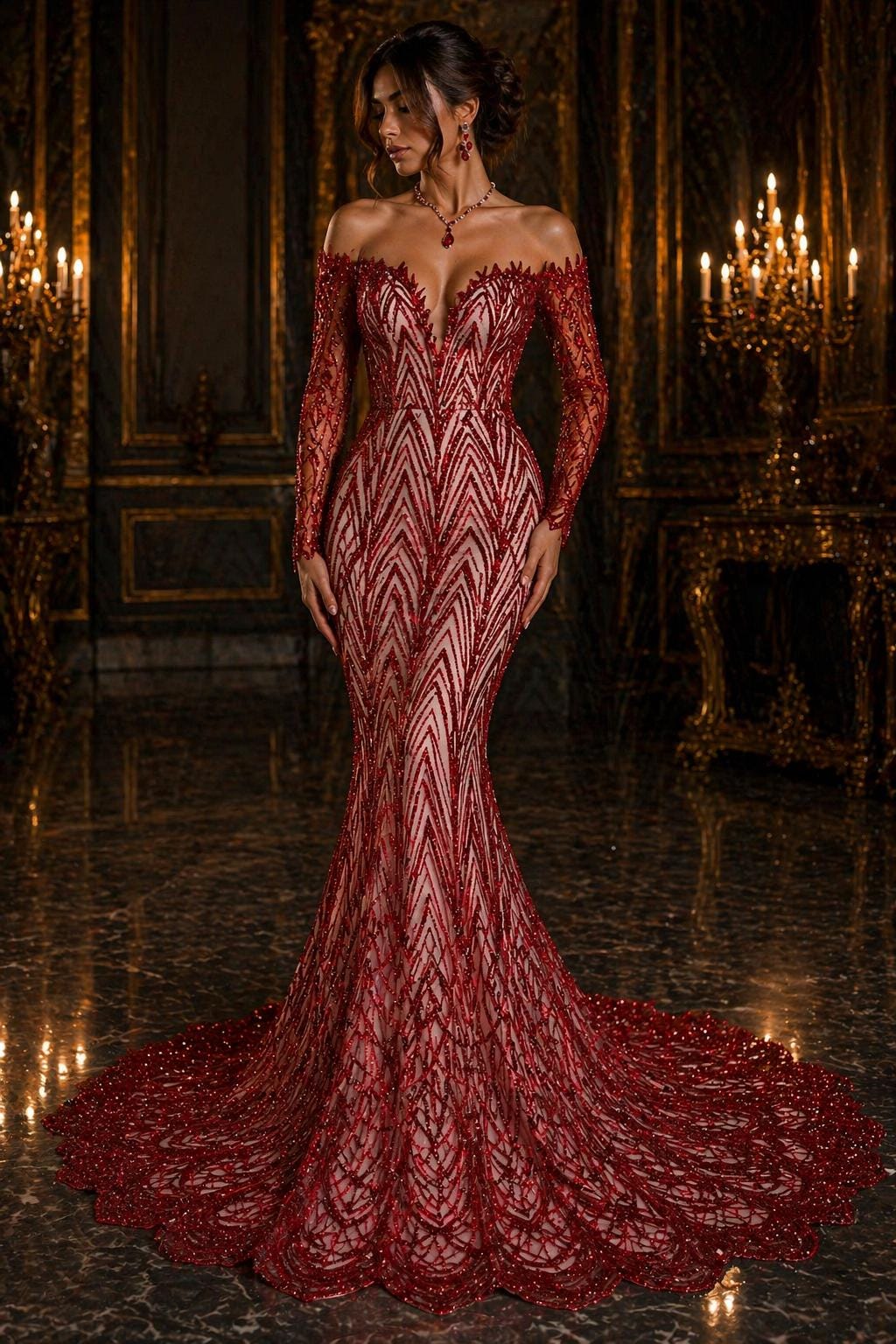 Luxurious Arch Design Lace - Red - Beaded Design with Embroidered Sequins and Beads On a Mesh Lace Fabric for Prom Dress By The Yard