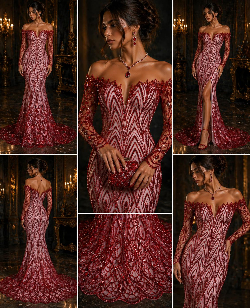 Luxurious Arch Design Lace - Red - Beaded Design with Embroidered Sequins and Beads On a Mesh Lace Fabric for Prom Dress By The Yard