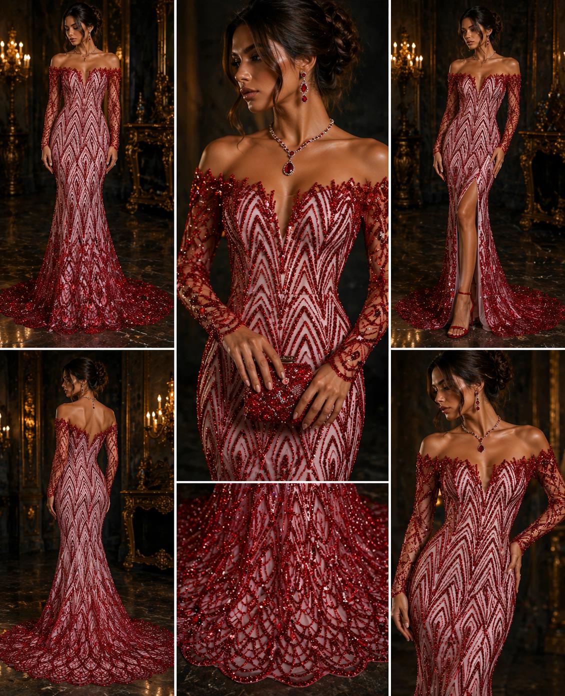 Luxurious Arch Design Lace - Red - Beaded Design with Embroidered Sequins and Beads On a Mesh Lace Fabric for Prom Dress By The Yard