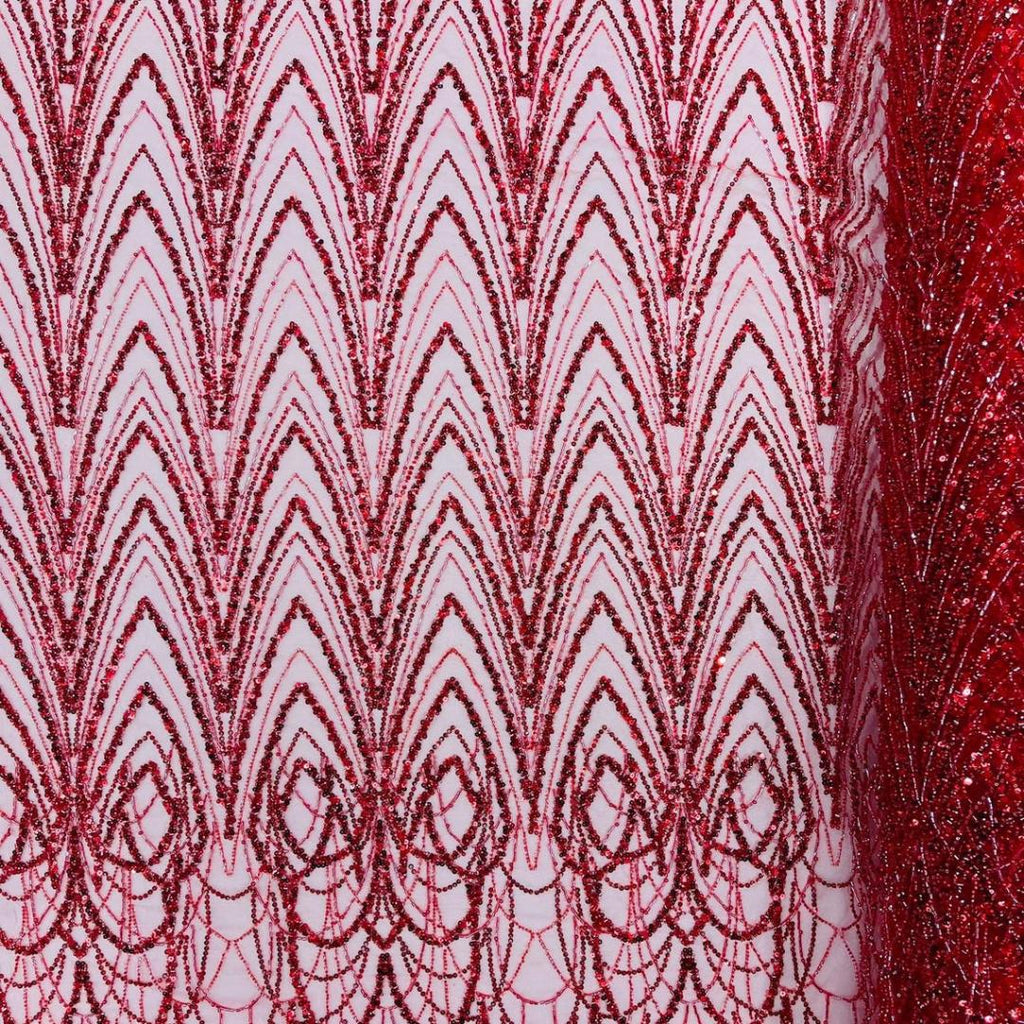 Luxurious Arch Design Lace - Red - Beaded Design with Embroidered Sequins and Beads On a Mesh Lace Fabric for Prom Dress By The Yard